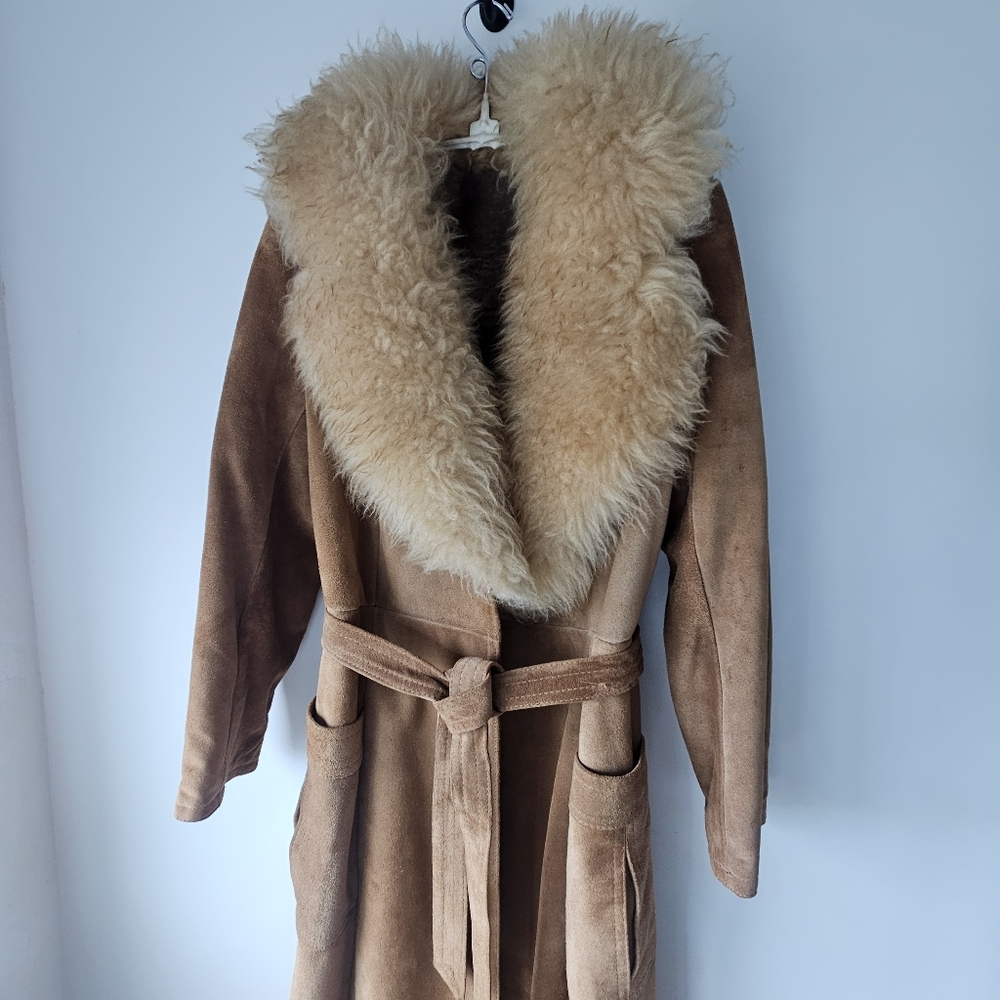 Vintage Genuine Suede Leather Tan Belted Pleated Pockets Pennylane Coat - Picture 5 of 16